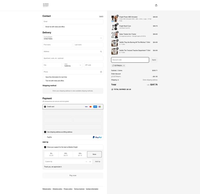 Barber Knight checkout page showing Barber Knight discount code box | Screenshot taken by SimplyCodes community member on Jun 17, 2025