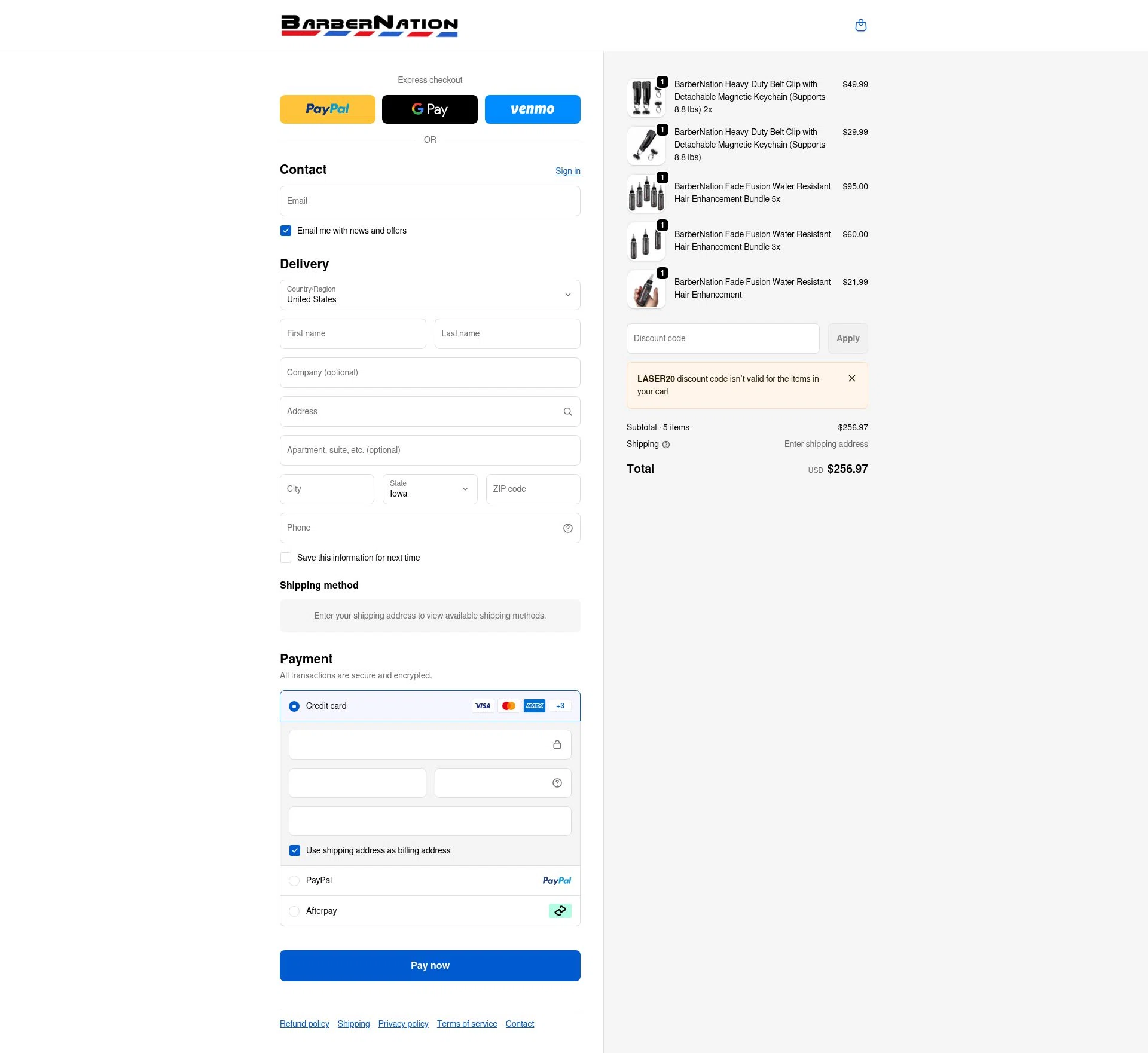 BarberNation checkout page showing BarberNation discount code box | Screenshot taken by SimplyCodes community member on Feb 17, 2026