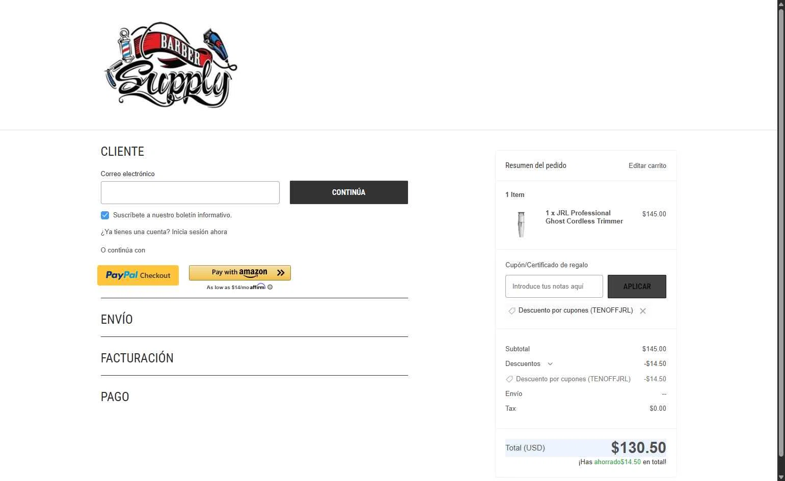 Barber Supply checkout page showing Barber Supply promo code box | Screenshot taken by SimplyCodes community member on Jan 29, 2026