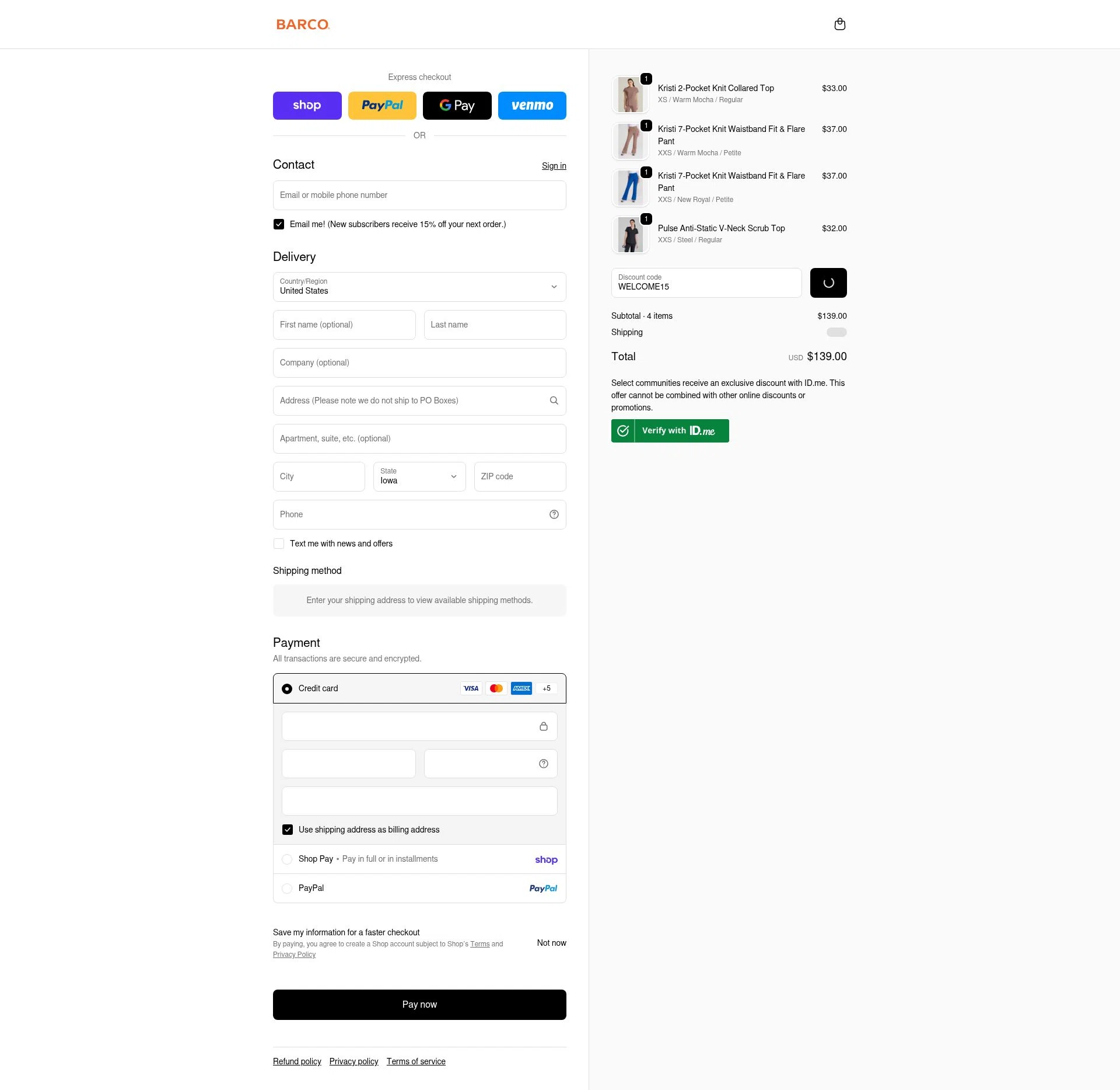 Barco Uniforms checkout page showing Barco Uniforms promo code box | Screenshot taken by SimplyCodes community member on Feb 19, 2026