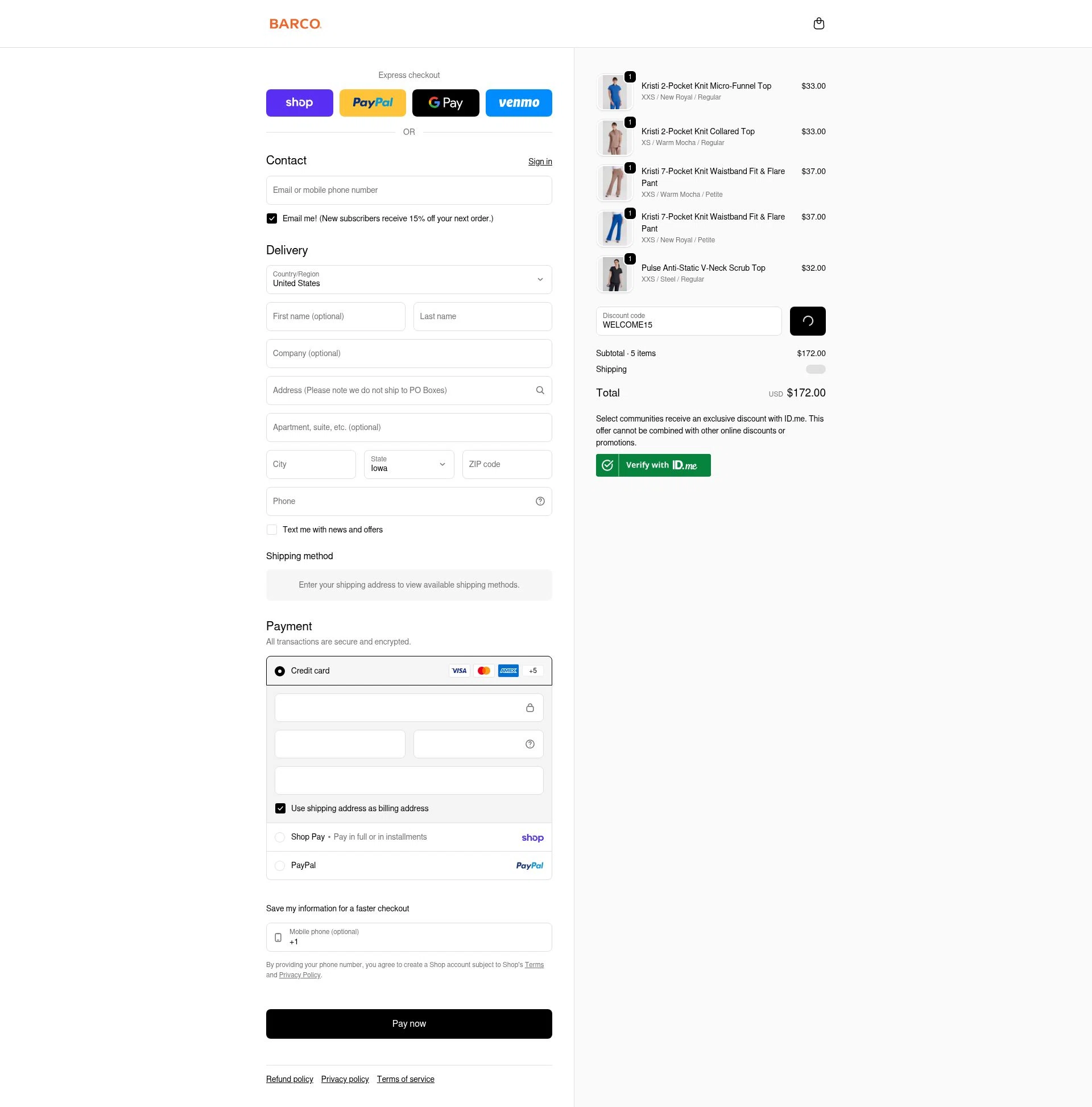 Barco Uniforms checkout page showing Barco Uniforms promo code box | Screenshot taken by SimplyCodes community member on Feb 15, 2026