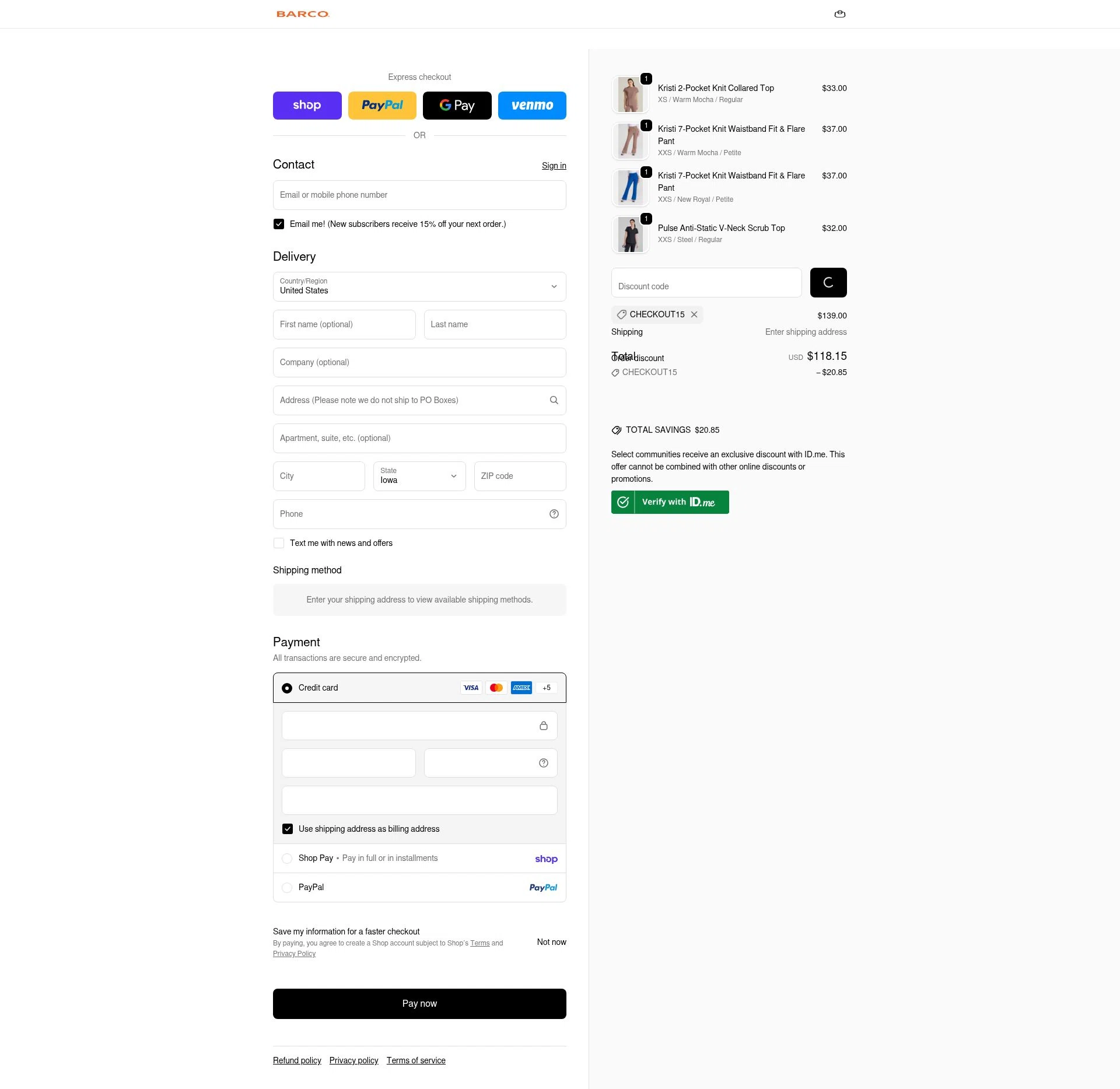 Barco Uniforms checkout page showing Barco Uniforms promo code box | Screenshot taken by SimplyCodes community member on Feb 19, 2026