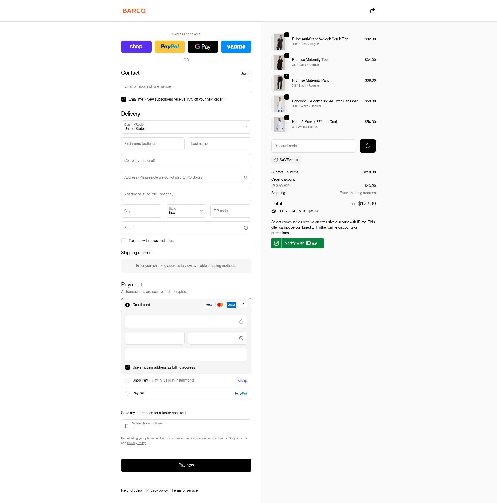 Barco Uniforms checkout page showing Barco Uniforms promo code box | Screenshot taken by SimplyCodes community member on Feb 14, 2026