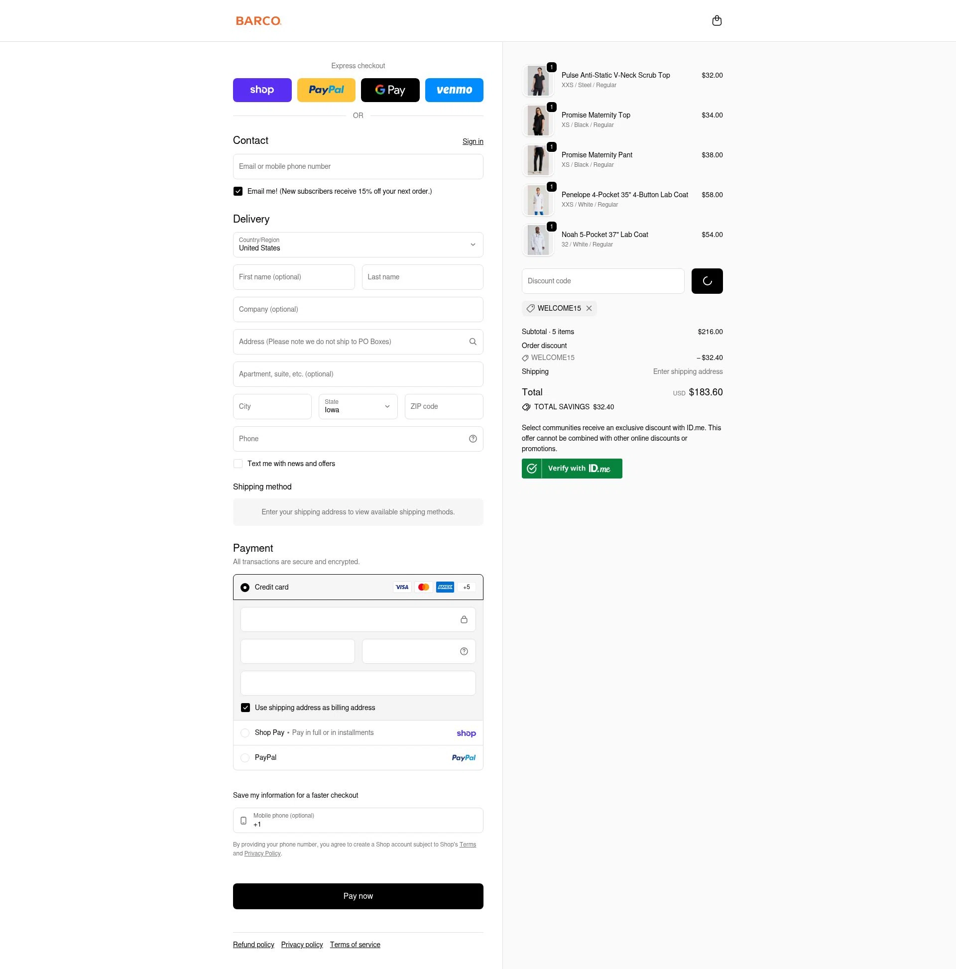 Barco Uniforms checkout page showing Barco Uniforms promo code box | Screenshot taken by SimplyCodes community member on Feb 10, 2026