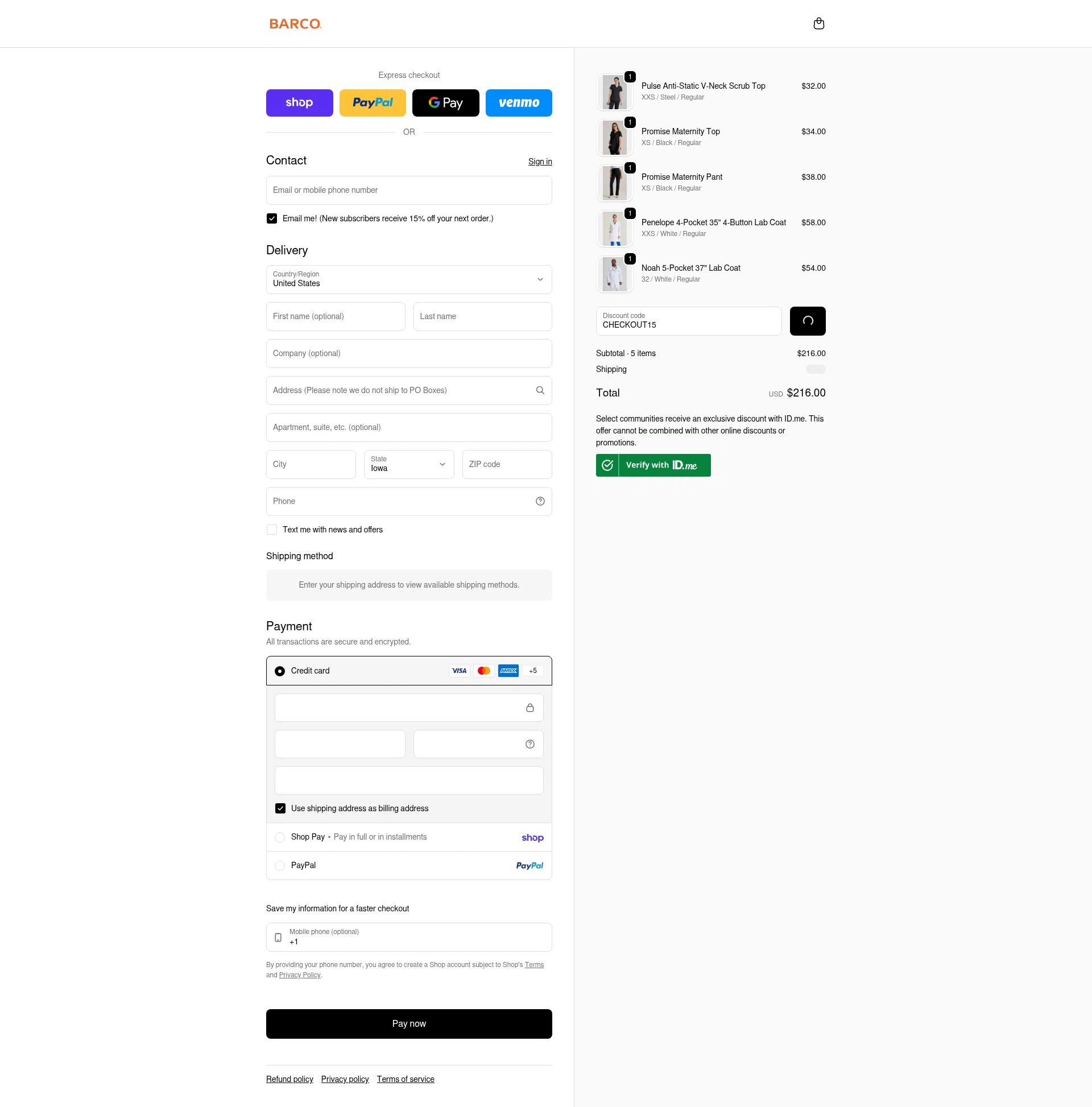 Barco Uniforms checkout page showing Barco Uniforms promo code box | Screenshot taken by SimplyCodes community member on Feb 10, 2026
