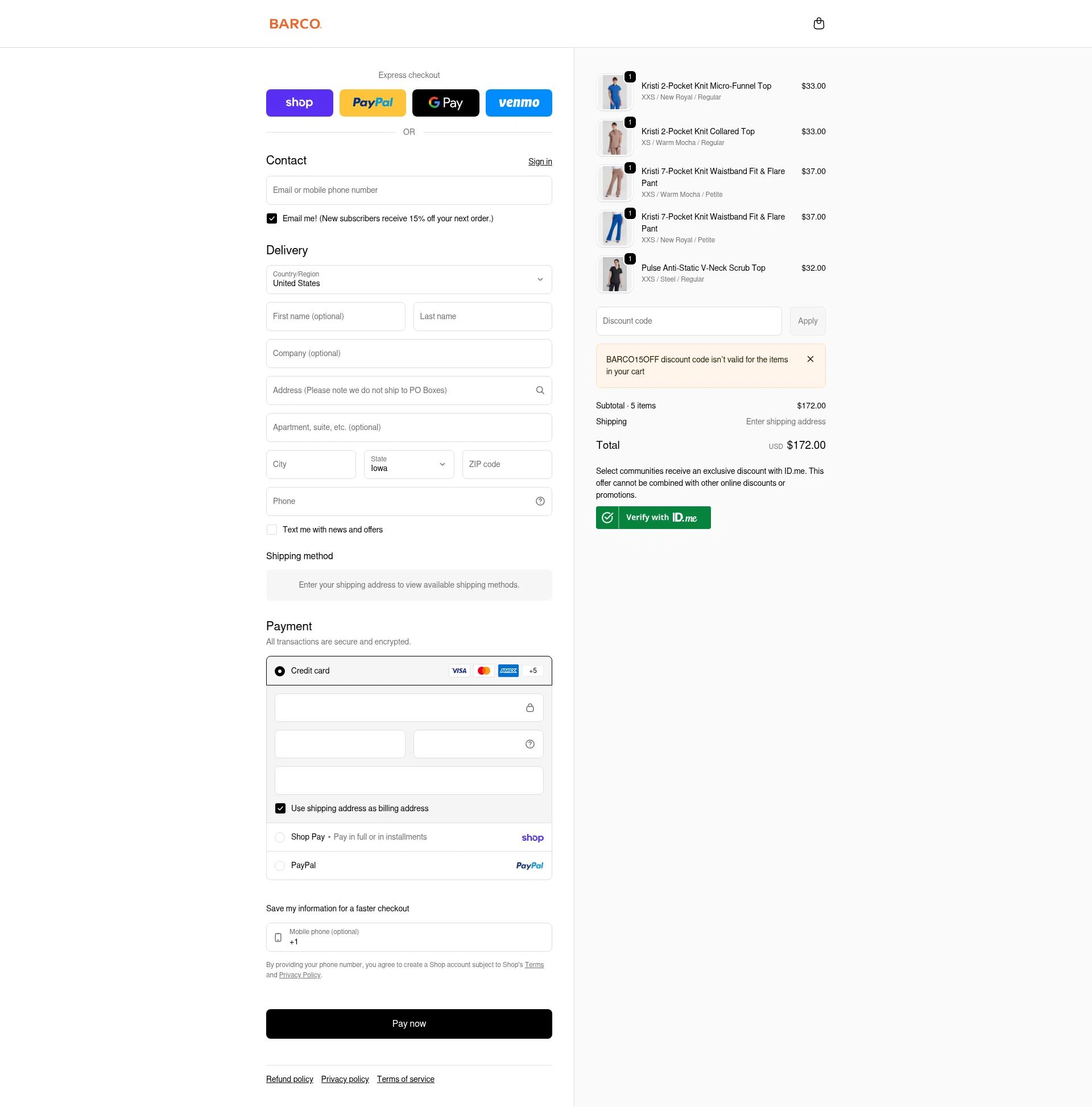Barco Uniforms checkout page showing Barco Uniforms promo code box | Screenshot taken by SimplyCodes community member on Feb 15, 2026
