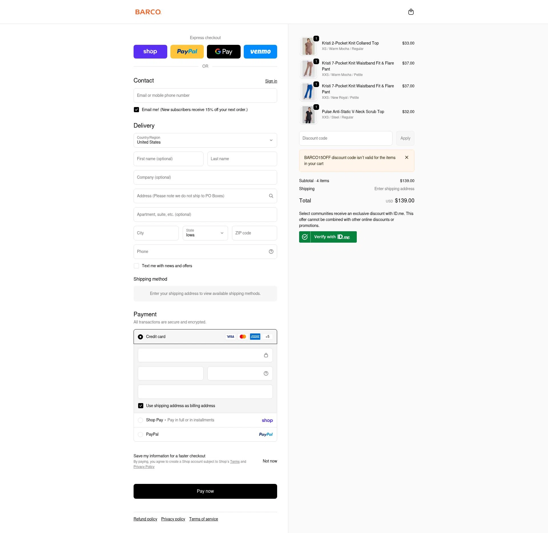 Barco Uniforms checkout page showing Barco Uniforms promo code box | Screenshot taken by SimplyCodes community member on Feb 19, 2026