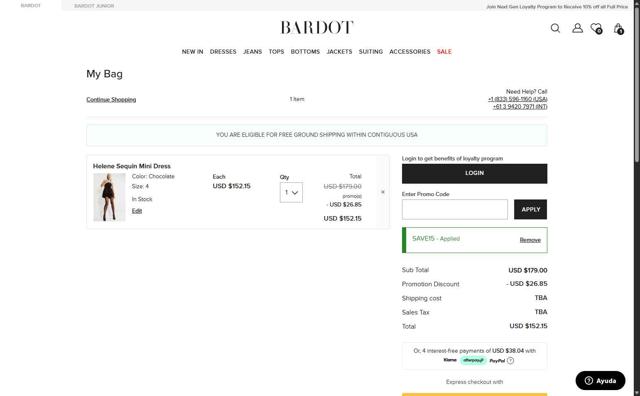 Bardot checkout page showing Bardot coupon code box | Screenshot taken by SimplyCodes community member on Sep 6, 2025