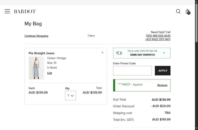 Bardot checkout page showing Bardot coupon code box | Screenshot taken by SimplyCodes community member on Jun 14, 2025
