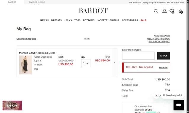Bardot checkout page showing Bardot coupon code box | Screenshot taken by SimplyCodes community member on Jul 21, 2025