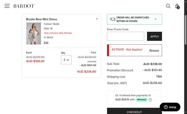 Bardot checkout page showing Bardot coupon code box | Screenshot taken by SimplyCodes community member on Jun 9, 2025
