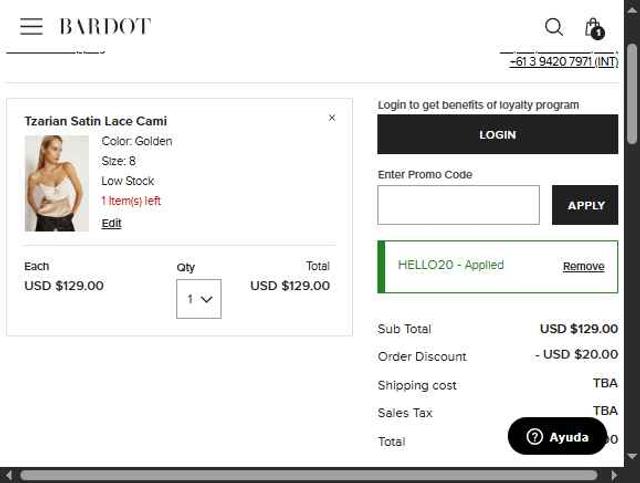 Bardot checkout page showing Bardot coupon code box | Screenshot taken by SimplyCodes community member on Sep 11, 2025