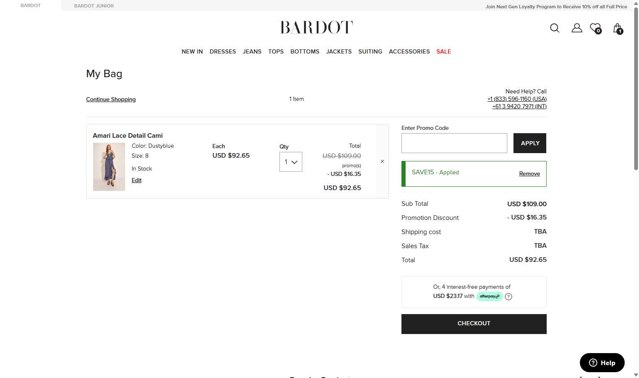 Bardot checkout page showing Bardot coupon code box | Screenshot taken by SimplyCodes community member on Jul 18, 2025