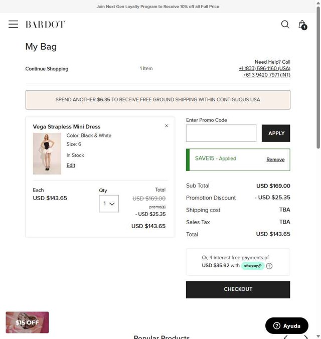 Bardot checkout page showing Bardot coupon code box | Screenshot taken by SimplyCodes community member on Aug 16, 2025
