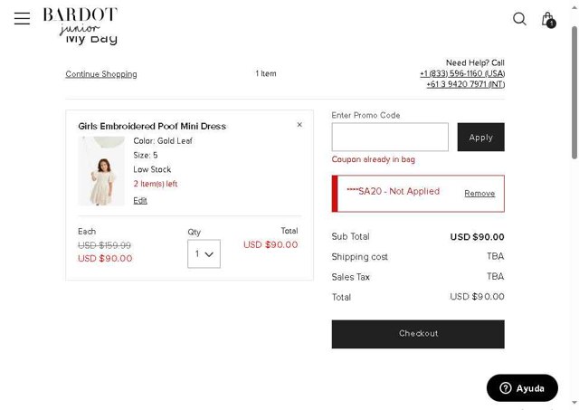 Bardot Junior checkout page showing Bardot Junior coupon code box | Screenshot taken by SimplyCodes community member on May 20, 2025