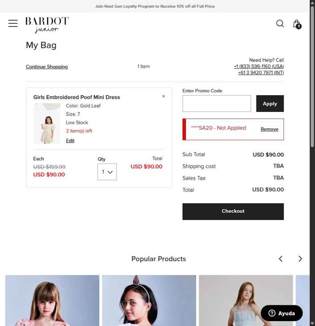 Bardot Junior checkout page showing Bardot Junior coupon code box | Screenshot taken by SimplyCodes community member on Apr 26, 2025