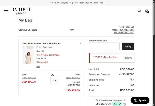 Bardot Junior checkout page showing Bardot Junior coupon code box | Screenshot taken by SimplyCodes community member on Jun 5, 2025