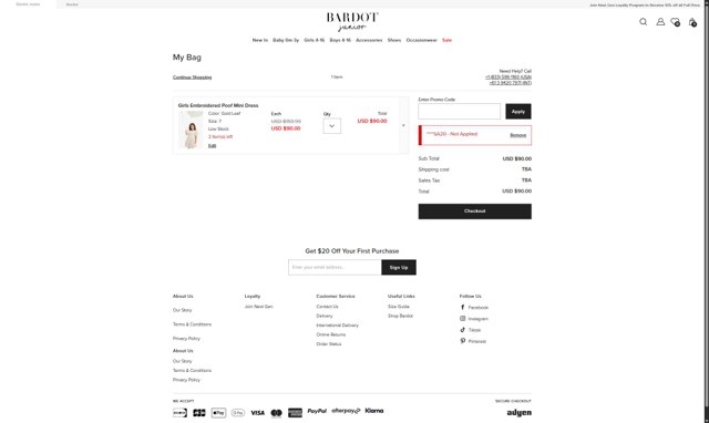 Bardot Junior checkout page showing Bardot Junior coupon code box | Screenshot taken by SimplyCodes community member on Apr 10, 2025