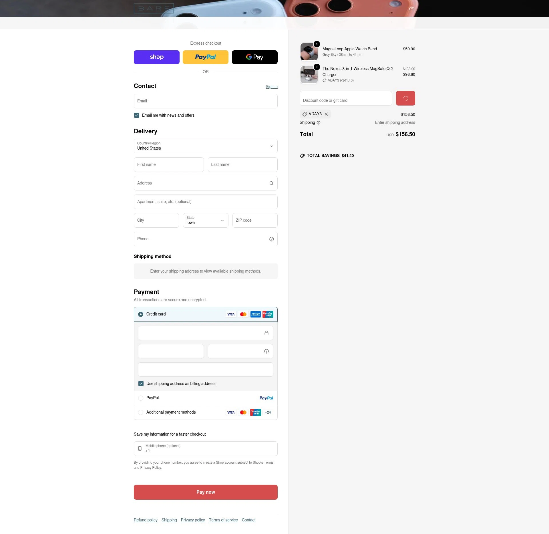 Bare Cases checkout page showing Bare Cases promo code box | Screenshot taken by SimplyCodes community member on Feb 11, 2026