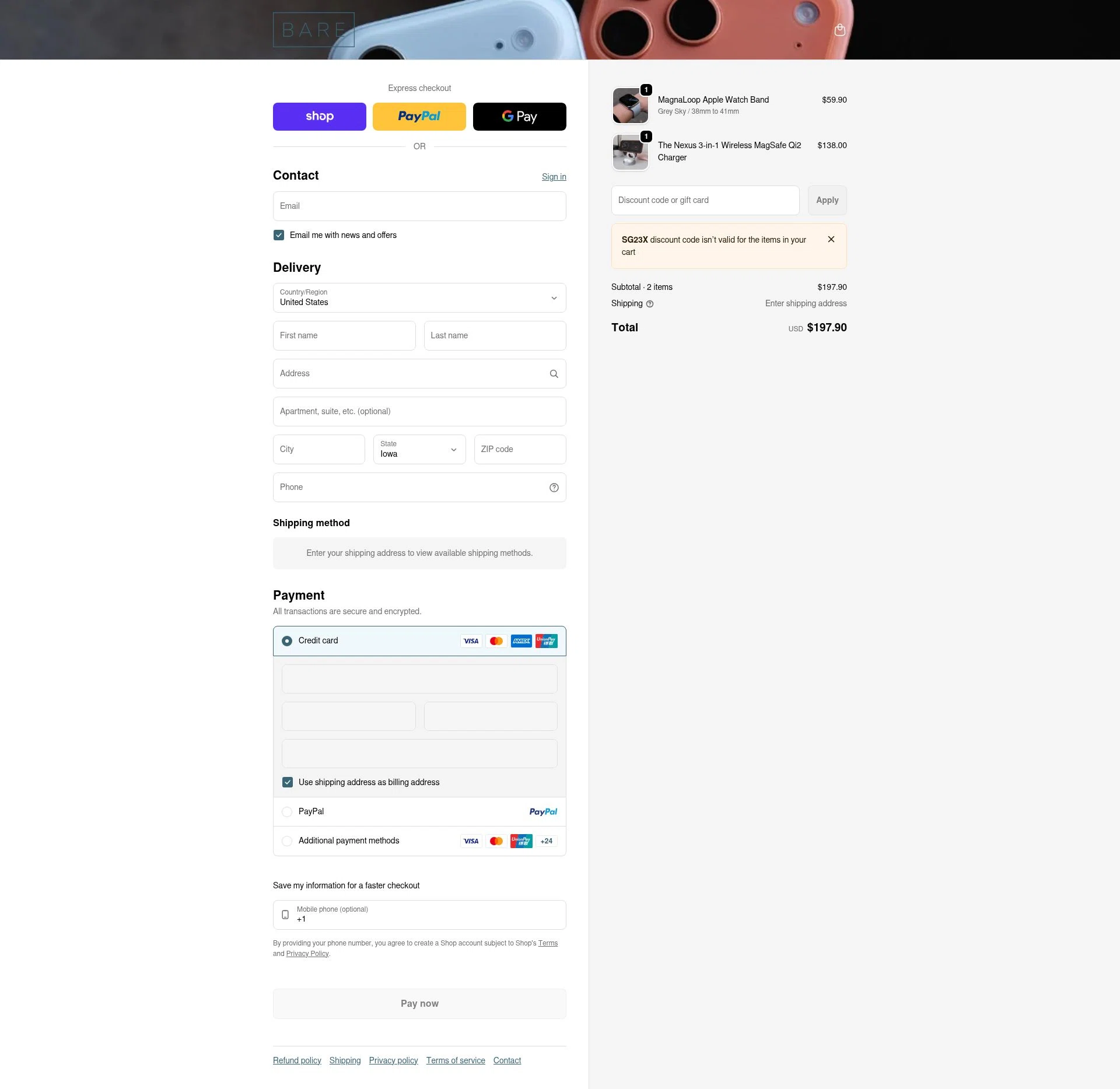 Bare Cases checkout page showing Bare Cases promo code box | Screenshot taken by SimplyCodes community member on Feb 11, 2026