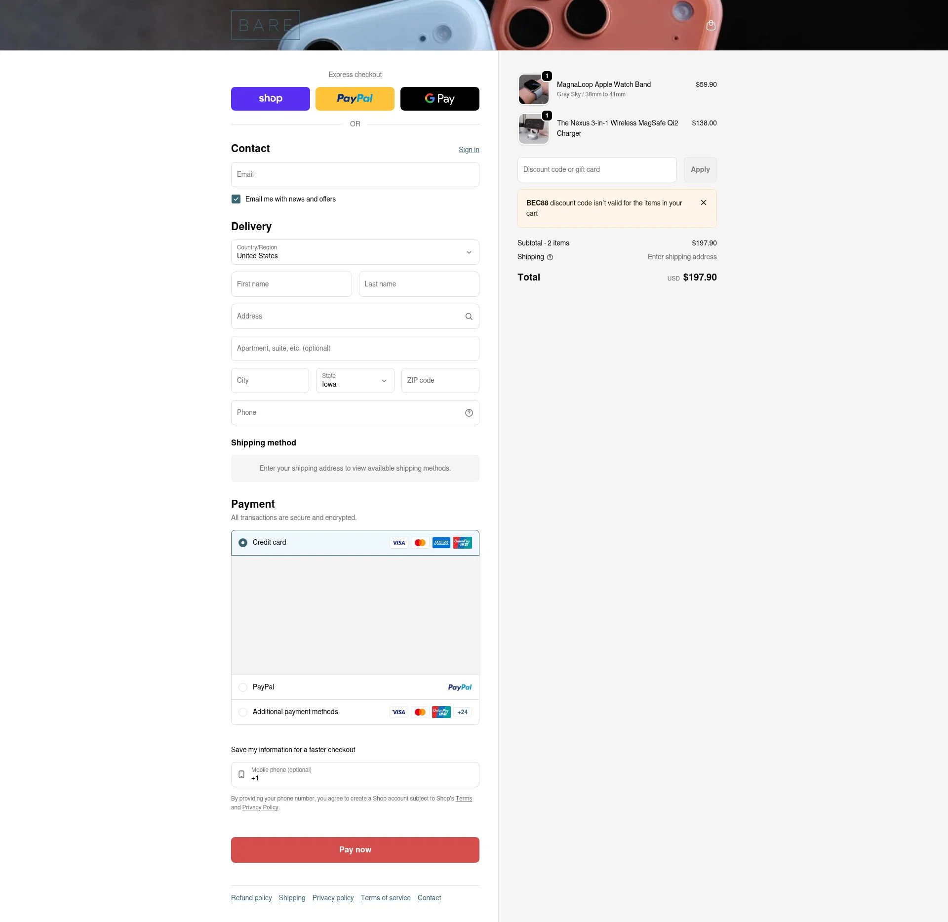 Bare Cases checkout page showing Bare Cases promo code box | Screenshot taken by SimplyCodes community member on Feb 11, 2026