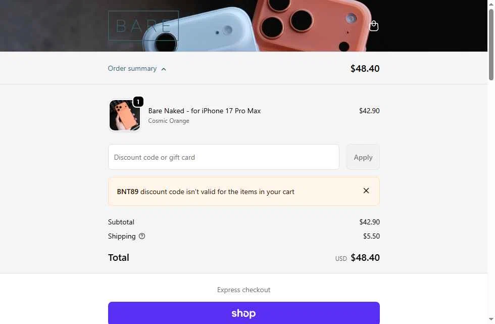 Bare Cases checkout page showing Bare Cases promo code box | Screenshot taken by SimplyCodes community member on Feb 6, 2026