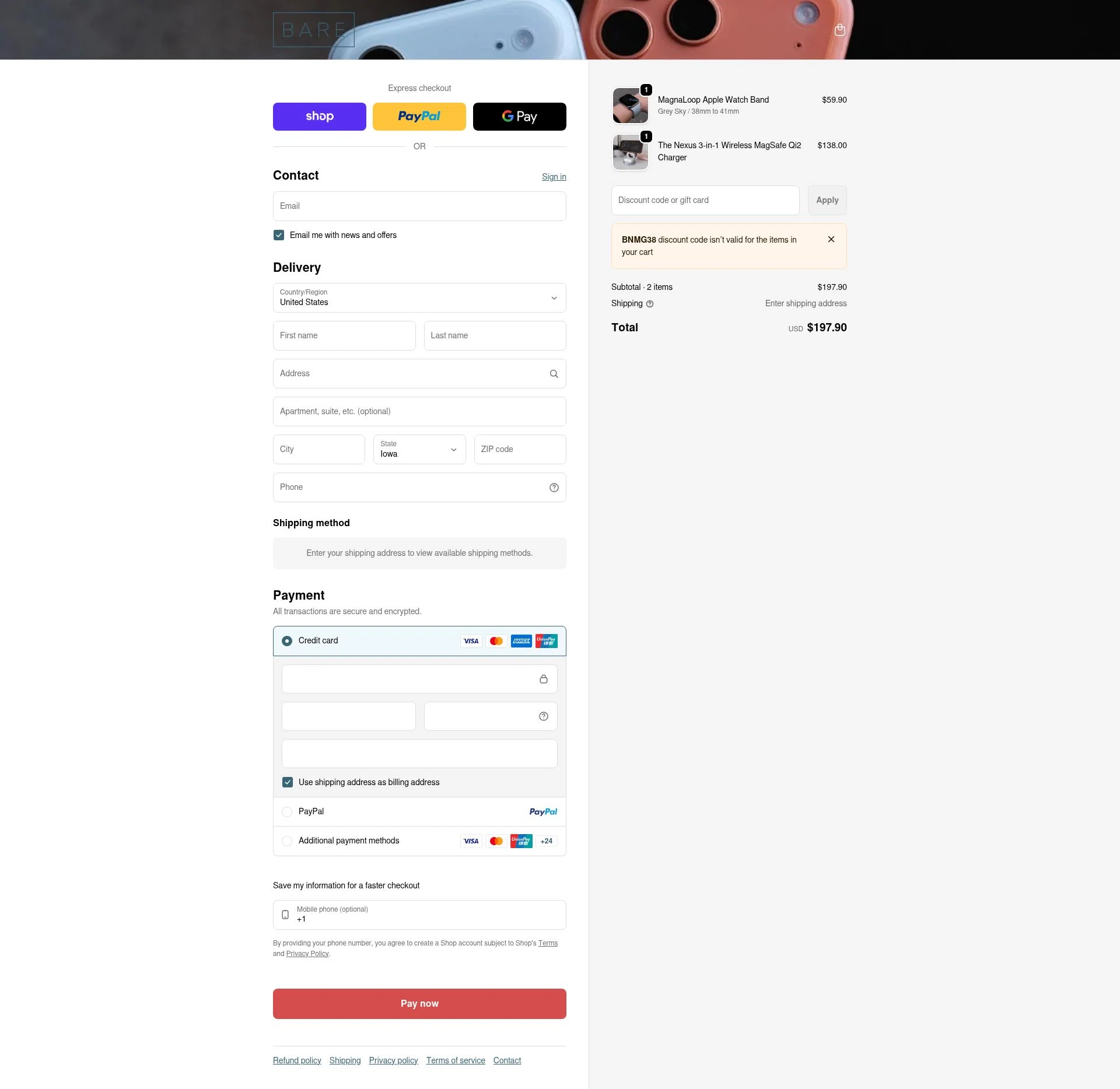 Bare Cases checkout page showing Bare Cases promo code box | Screenshot taken by SimplyCodes community member on Feb 11, 2026