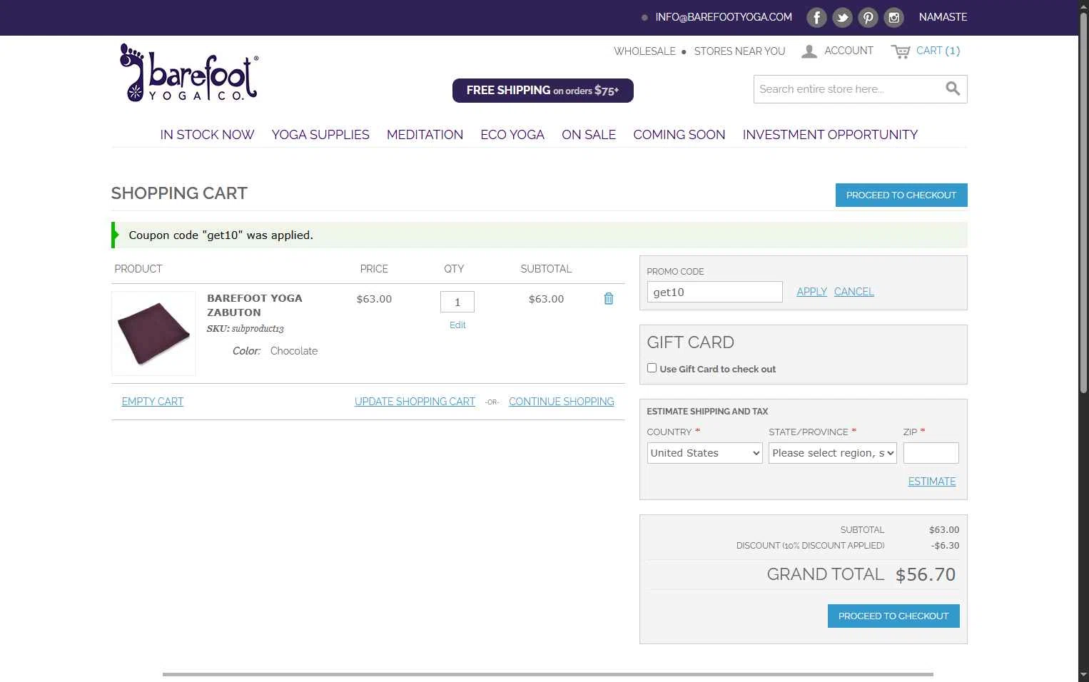 Barefoot Yoga Co checkout page showing Barefoot Yoga Co promo code box | Screenshot taken by SimplyCodes community member on Dec 6, 2025