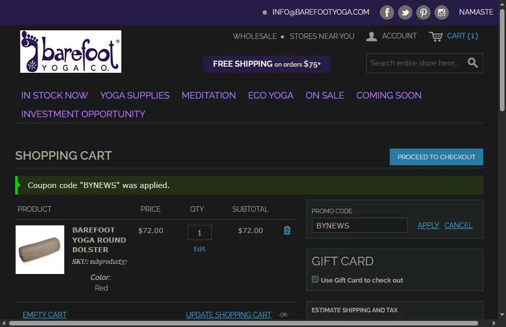 Barefoot Yoga Co checkout page showing Barefoot Yoga Co promo code box | Screenshot taken by SimplyCodes community member on Dec 6, 2025