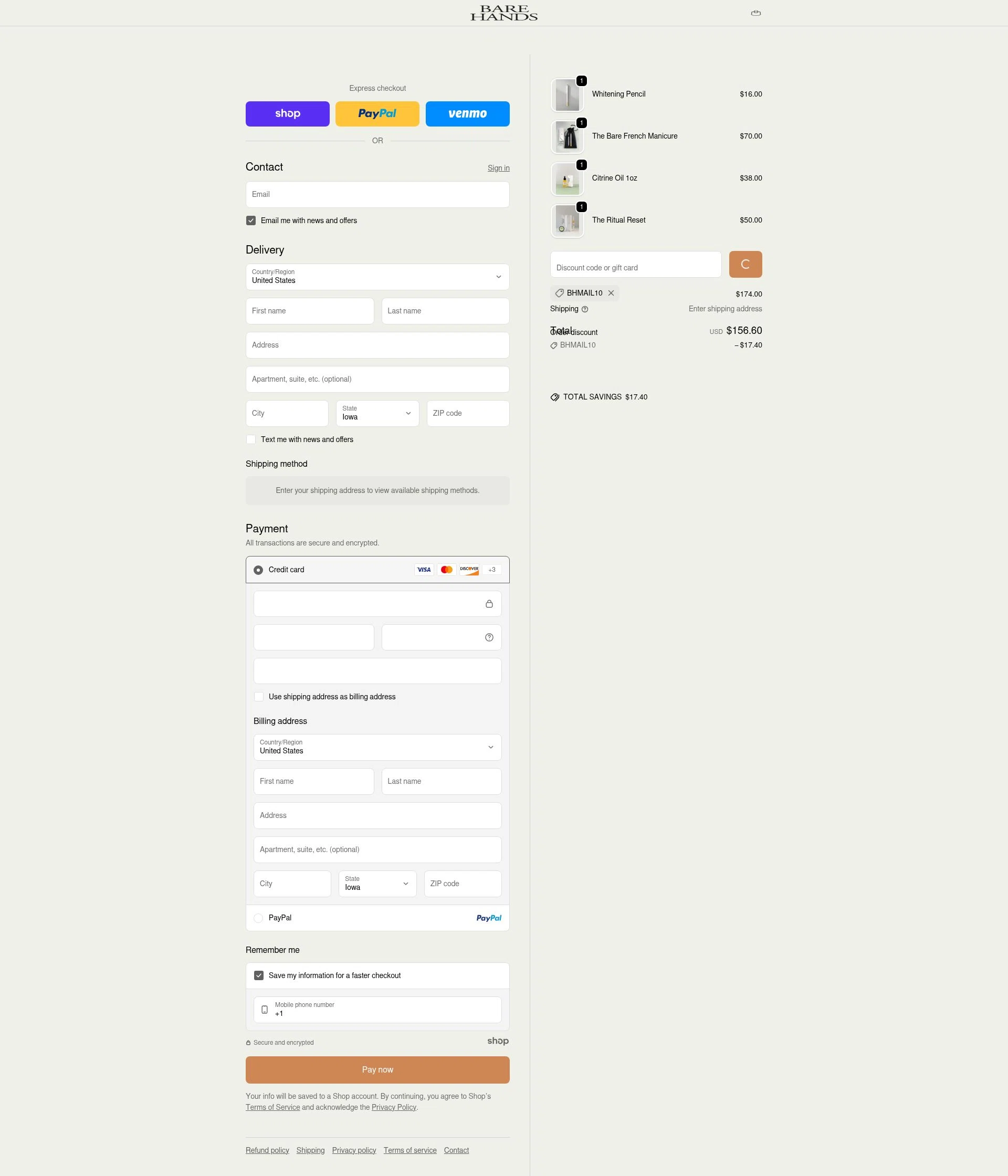Bare Hands US checkout page showing Bare Hands US promo code box | Screenshot taken by SimplyCodes community member on Jan 7, 2026