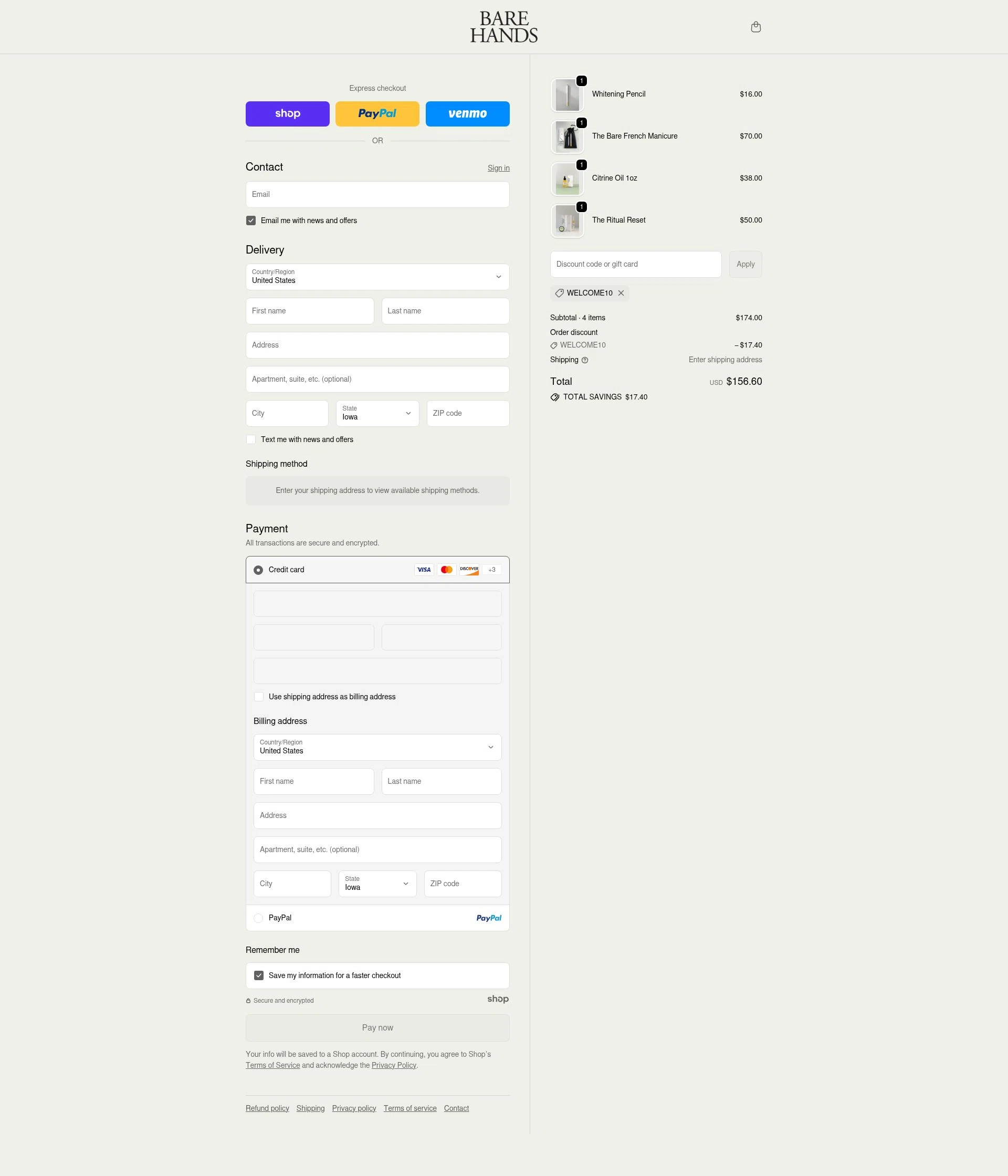 Bare Hands US checkout page showing Bare Hands US promo code box | Screenshot taken by SimplyCodes community member on Jan 7, 2026