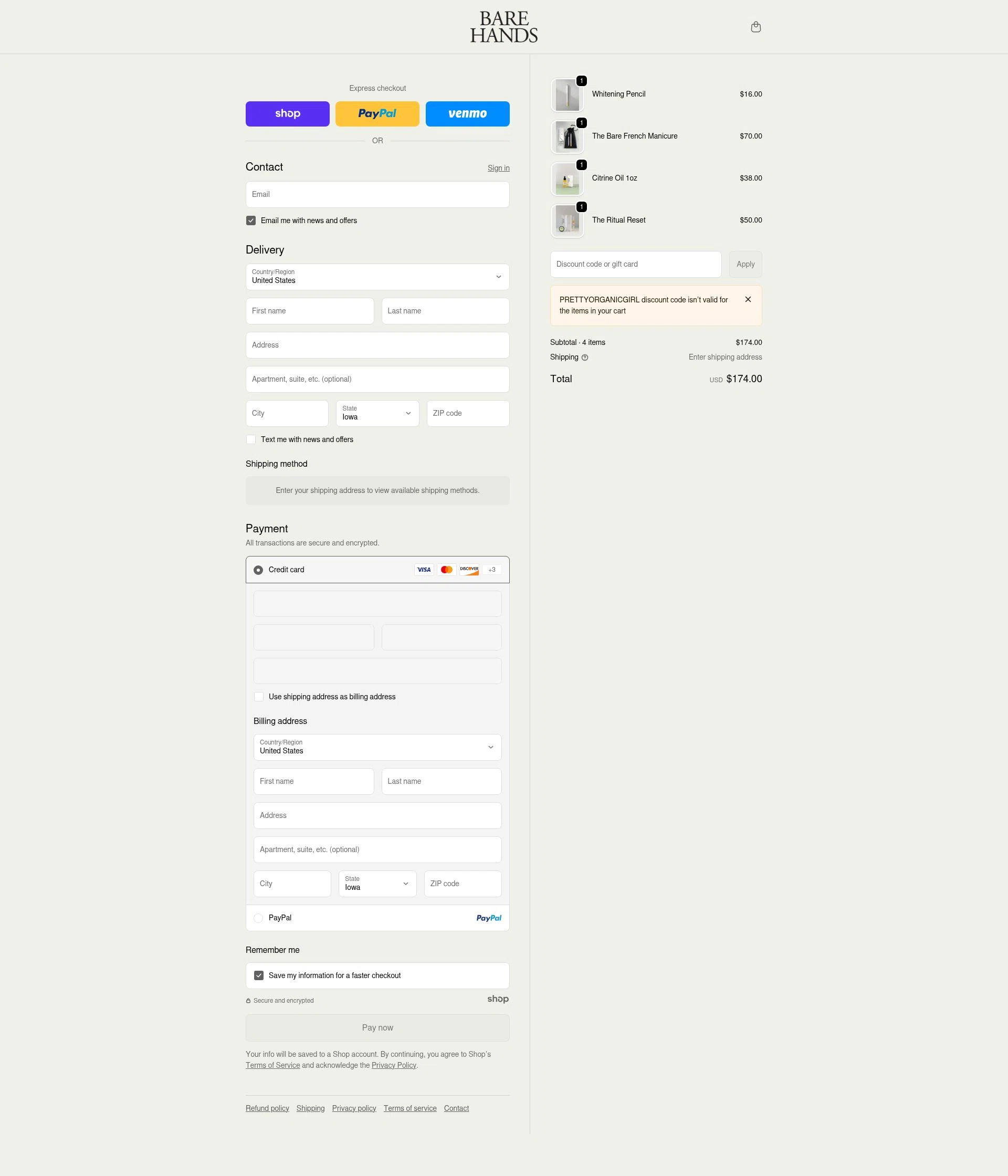 Bare Hands US checkout page showing Bare Hands US promo code box | Screenshot taken by SimplyCodes community member on Jan 2, 2026