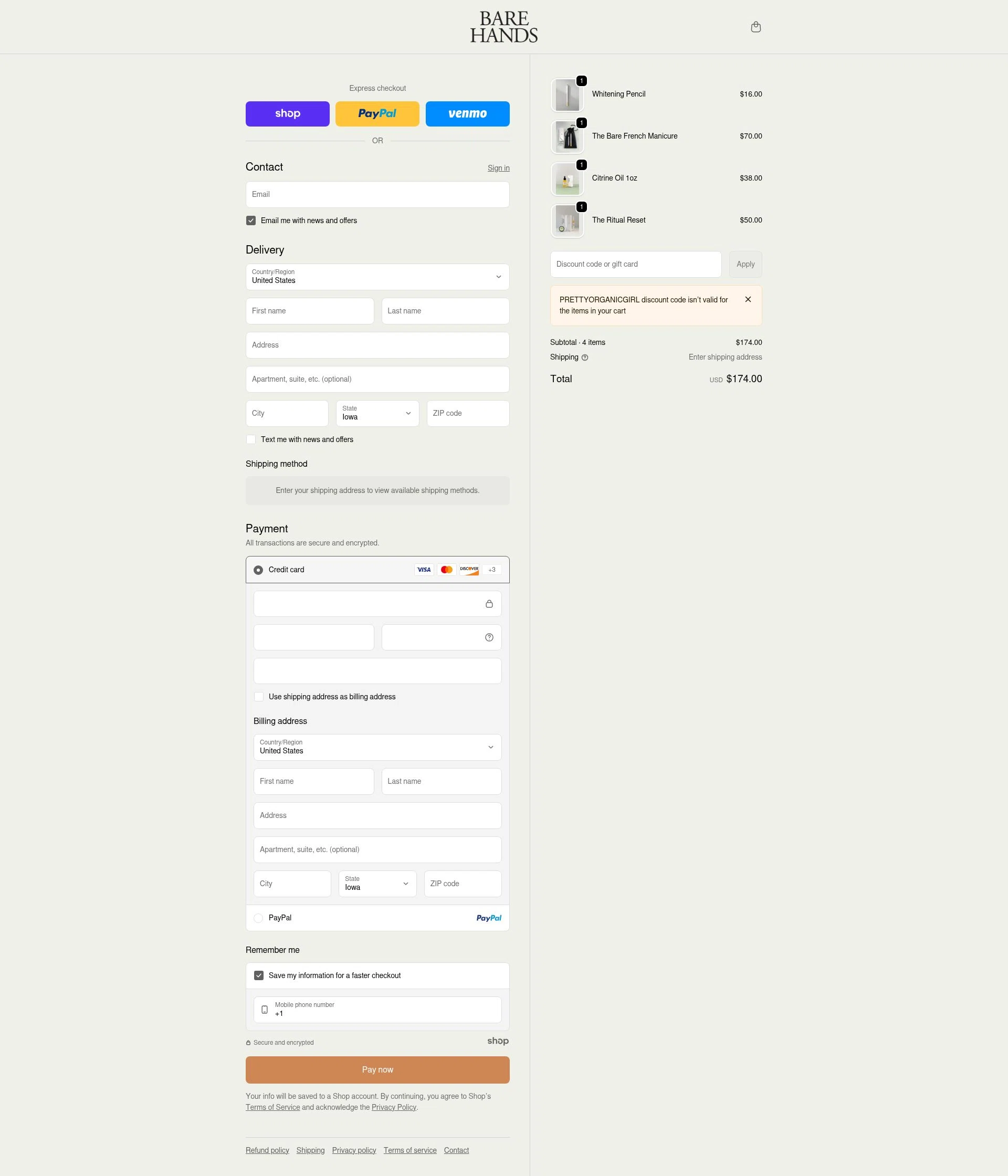 Bare Hands US checkout page showing Bare Hands US promo code box | Screenshot taken by SimplyCodes community member on Jan 7, 2026