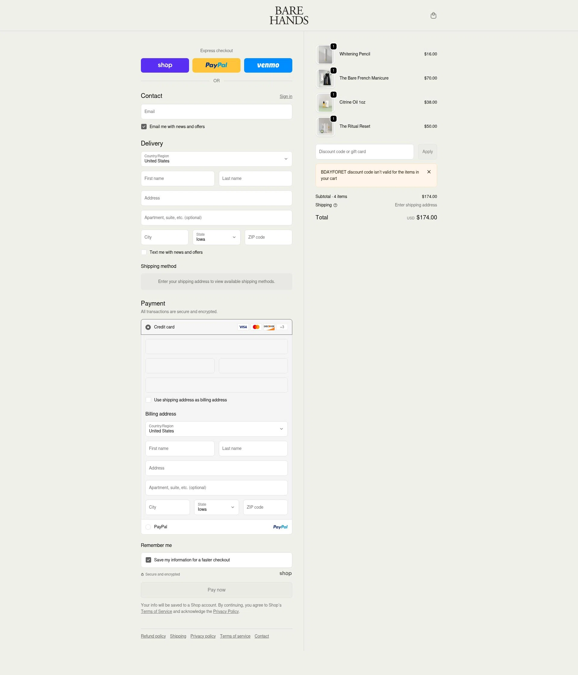 Bare Hands US checkout page showing Bare Hands US promo code box | Screenshot taken by SimplyCodes community member on Jan 7, 2026