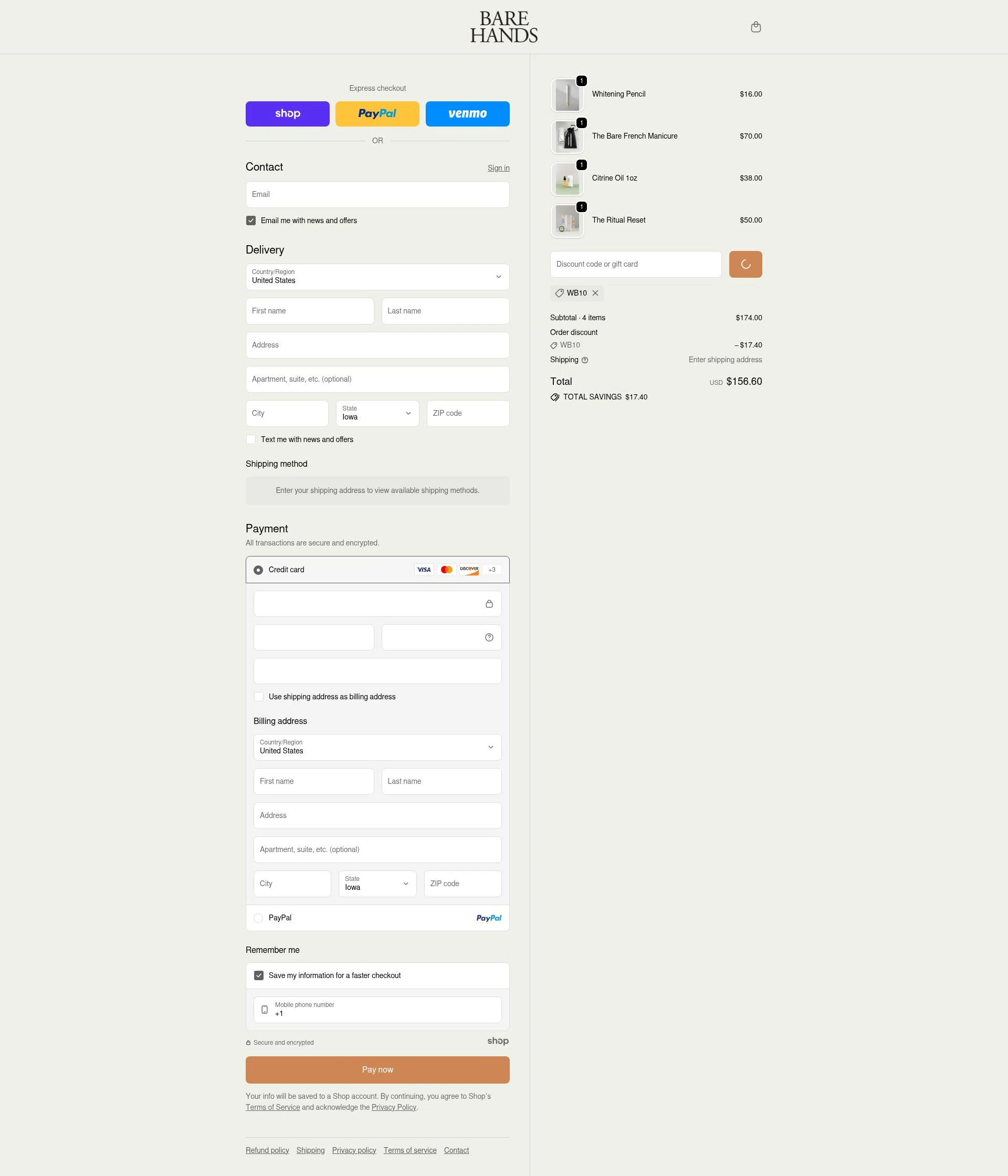Bare Hands US checkout page showing Bare Hands US promo code box | Screenshot taken by SimplyCodes community member on Jan 7, 2026