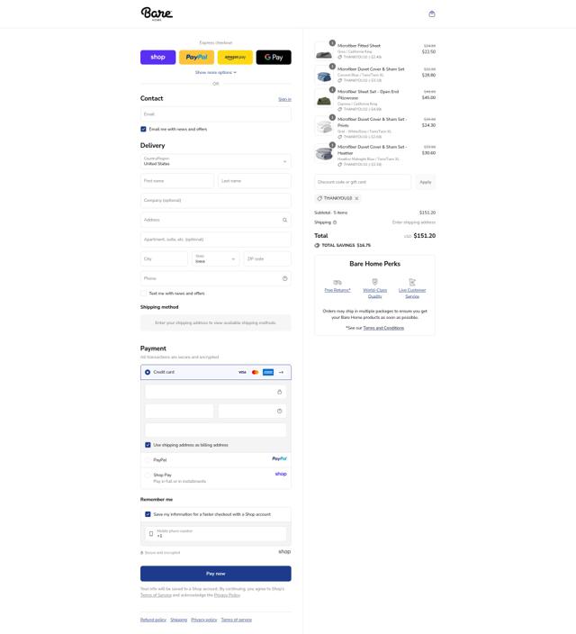 Bare Home checkout page showing Bare Home discount code box | Screenshot taken by SimplyCodes community member on Sep 15, 2025