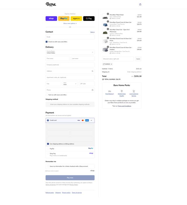 Bare Home checkout page showing Bare Home discount code box | Screenshot taken by SimplyCodes community member on Sep 15, 2025
