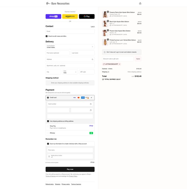Bare Necessities checkout page showing Bare Necessities promo code box | Screenshot taken by SimplyCodes community member on Aug 26, 2025