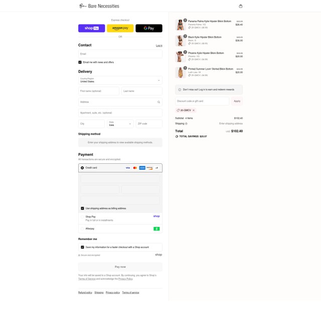Bare Necessities checkout page showing Bare Necessities promo code box | Screenshot taken by SimplyCodes community member on Aug 26, 2025