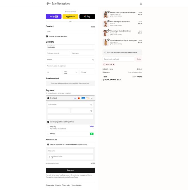 Bare Necessities checkout page showing Bare Necessities promo code box | Screenshot taken by SimplyCodes community member on Aug 26, 2025
