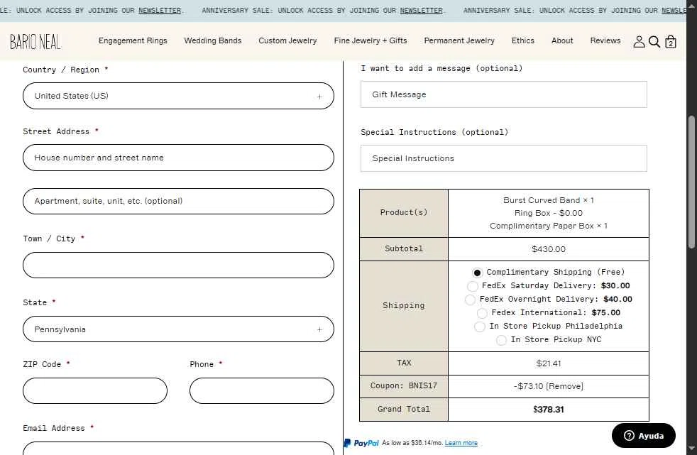 Bario Neal checkout page showing Bario Neal promo code box | Screenshot taken by SimplyCodes community member on Oct 28, 2025