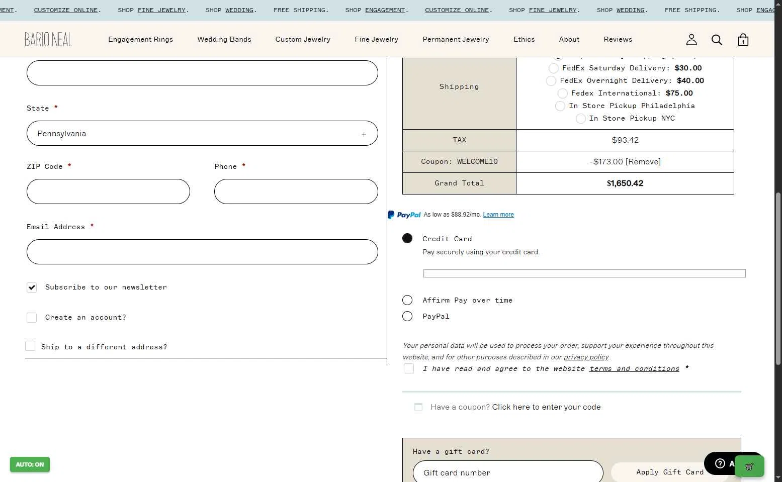 Bario Neal checkout page showing Bario Neal promo code box | Screenshot taken by SimplyCodes community member on Nov 13, 2025