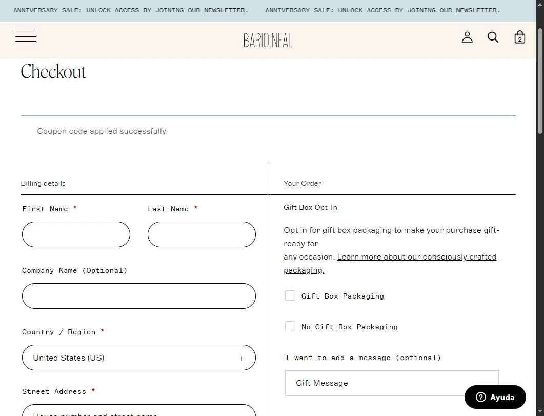Bario Neal checkout page showing Bario Neal promo code box | Screenshot taken by SimplyCodes community member on Oct 28, 2025