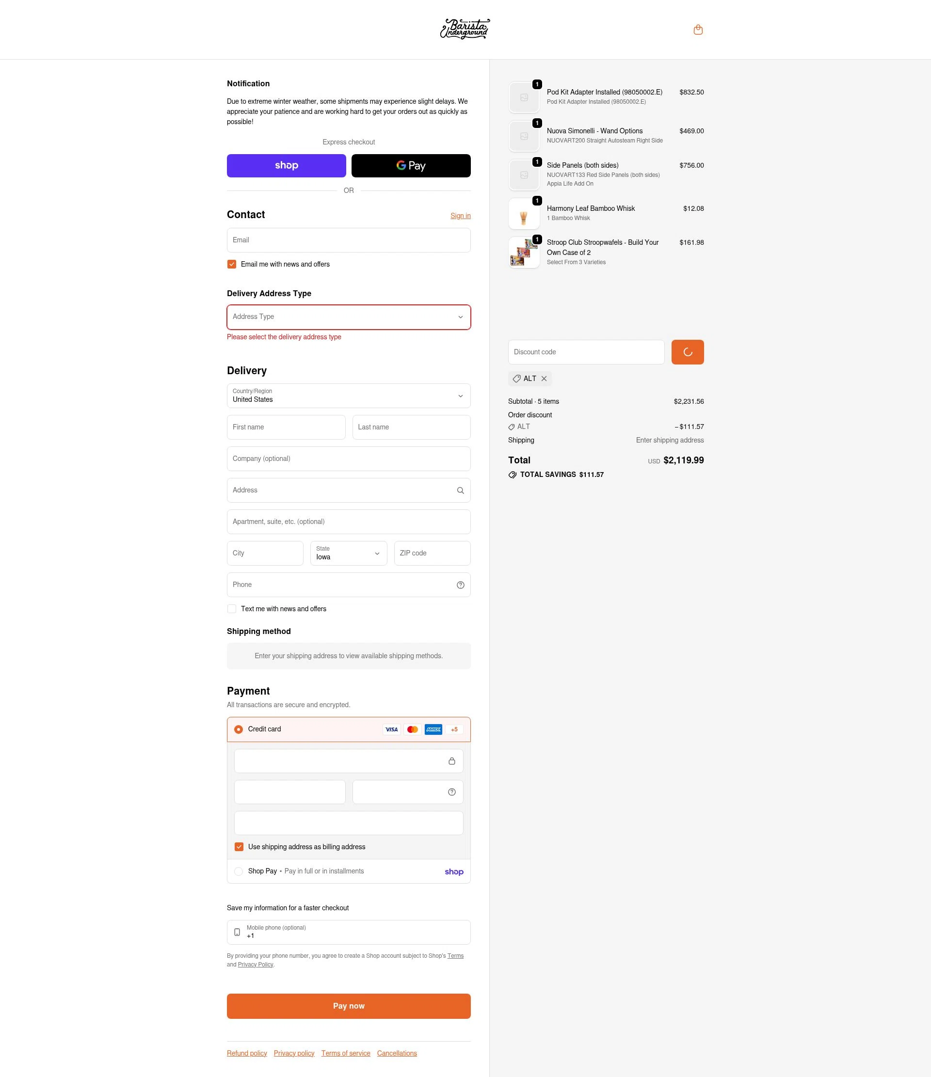 Barista Underground checkout page showing Barista Underground discount code box | Screenshot taken by SimplyCodes community member on Feb 3, 2026