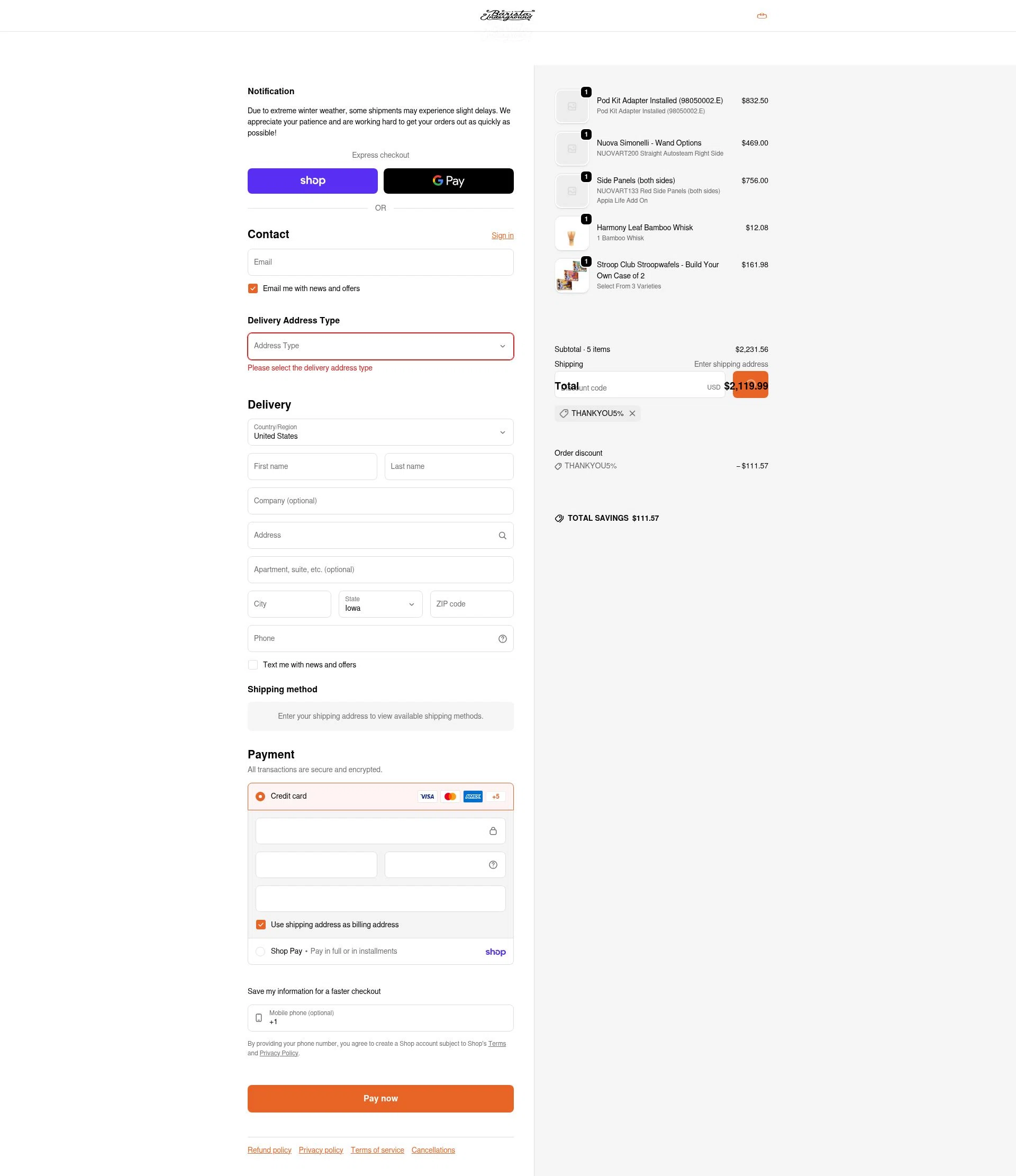 Barista Underground checkout page showing Barista Underground discount code box | Screenshot taken by SimplyCodes community member on Feb 3, 2026