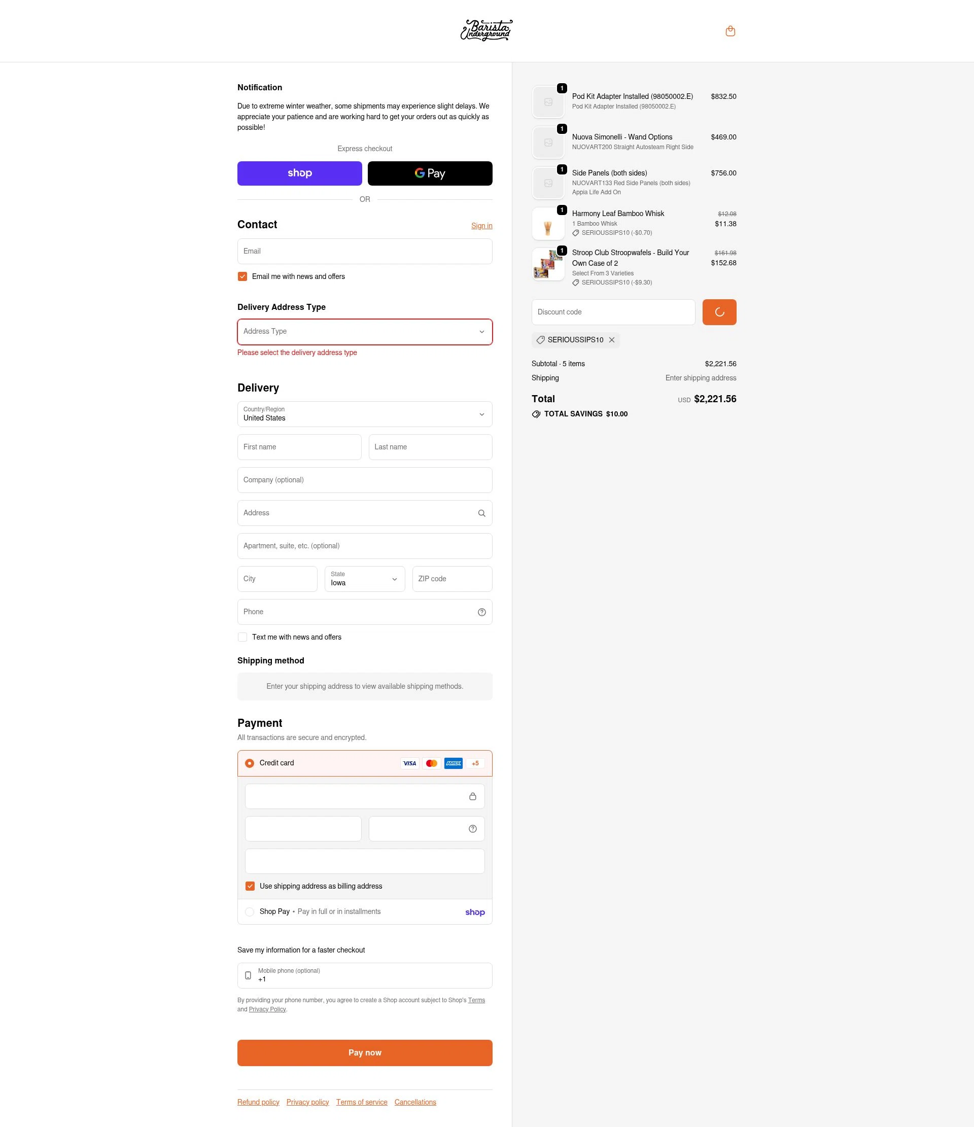 Barista Underground checkout page showing Barista Underground discount code box | Screenshot taken by SimplyCodes community member on Feb 3, 2026