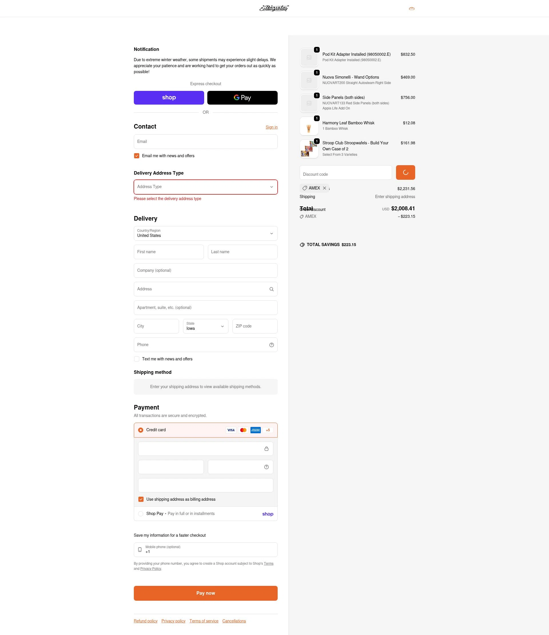 Barista Underground checkout page showing Barista Underground discount code box | Screenshot taken by SimplyCodes community member on Feb 3, 2026
