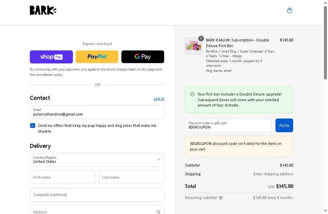 BarkBox checkout page showing BarkBox discount code box | Screenshot taken by SimplyCodes community member on Aug 27, 2025