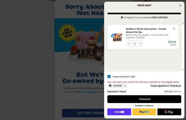 BarkBox checkout page showing BarkBox discount code box | Screenshot taken by SimplyCodes community member on Aug 19, 2025
