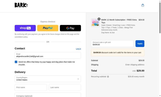 BarkBox checkout page showing BarkBox discount code box | Screenshot taken by SimplyCodes community member on Aug 27, 2025